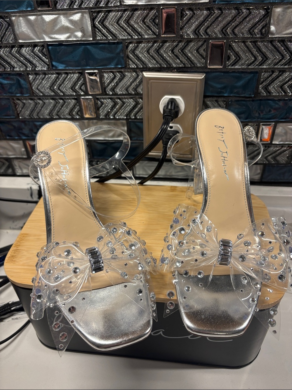 Betsey Johnson Clear Bow Silver Stiletto Sandals